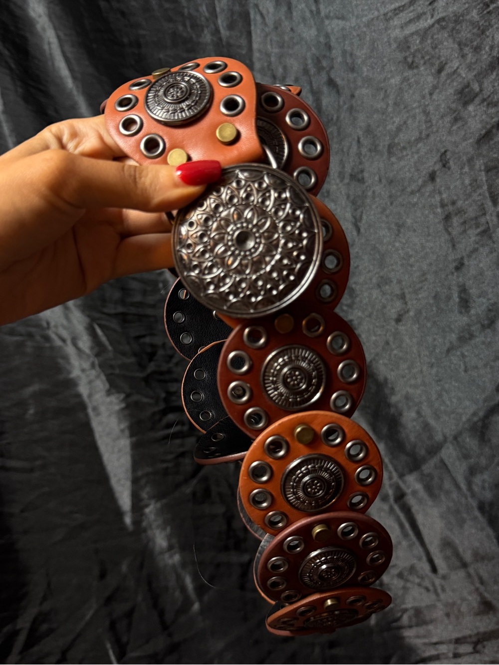 Women’s Brown Decorative Leather Belt with Silver Conchos